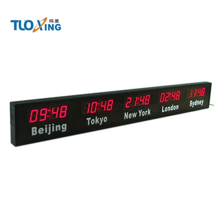 Large digital alpha-numeric led clock multi time zone