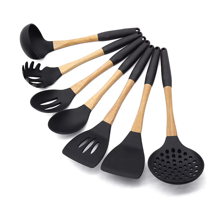 KingForce 7 pcs silicone utensils cooking sets spatula spoon & turner set for cooking with Wooden Handle