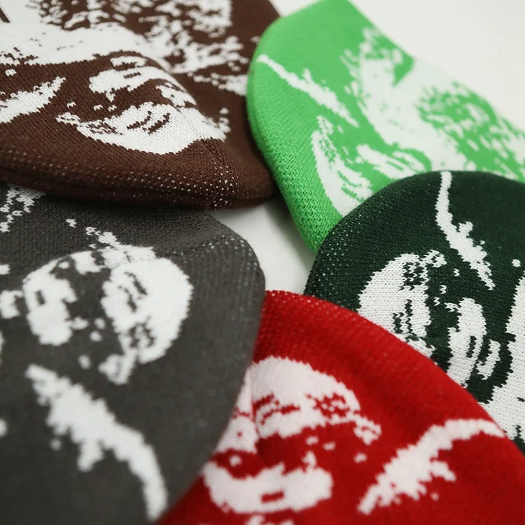 All Over Print Winter Knitted Angle Jacquard Beanie Hats Durable Sports Cap Custom Logo Embroidery Cuffless Toque Unisex