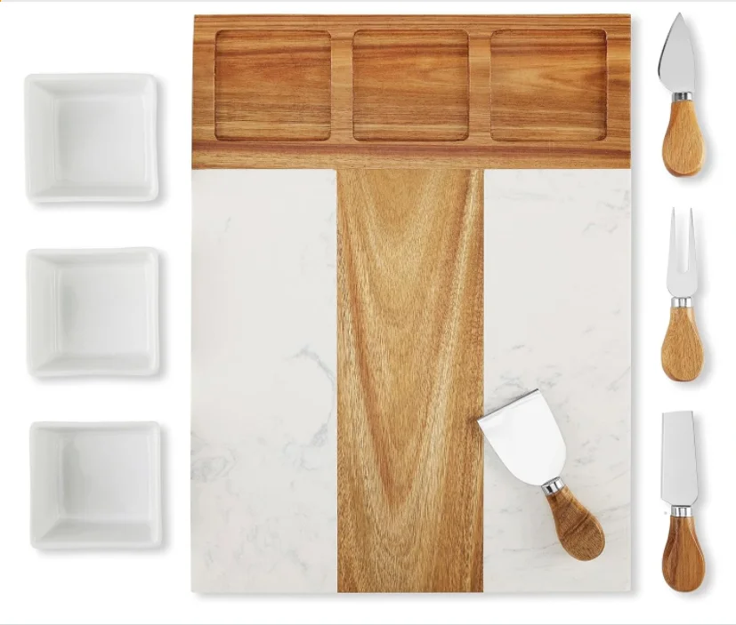 Acacia wood marble cheese board set with cutlery Charcuterie cutting board bamboo