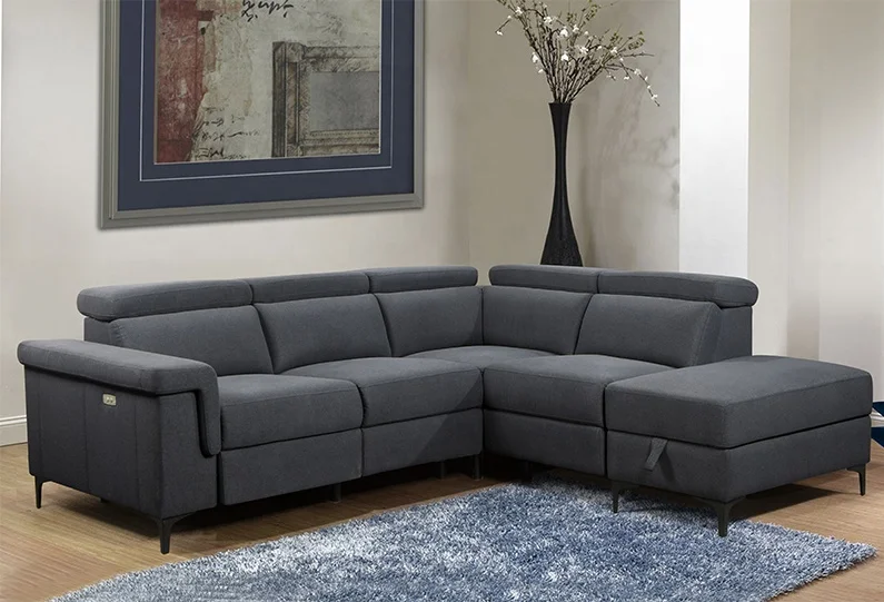 The most popular nordic Light Gray color velvet fabric living room furniture L shaped sofa bed with adjustable headrest and USB