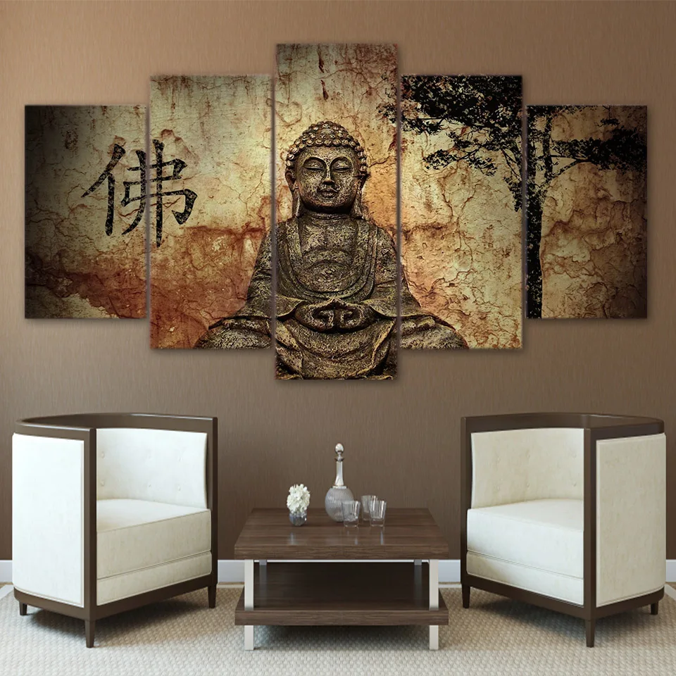 HD Prints Wall  Pictures Home Decor Room 5 Pieces Buddha Combine Paintings Modular Vintage Art Canvas Printing