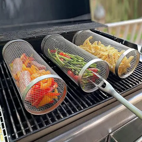 Rolling Grilling Baskets for Outdoor Grill Bbq Net Tube Stainless Steel Large Round Mesh Rotation Barbecue