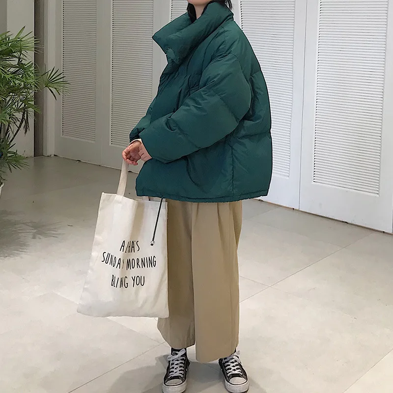 Korean Style 2020 Winter Jacket Black White Female Down Coat Women Stand Collar Solid Loose Oversized Womens Short Parka Cotton