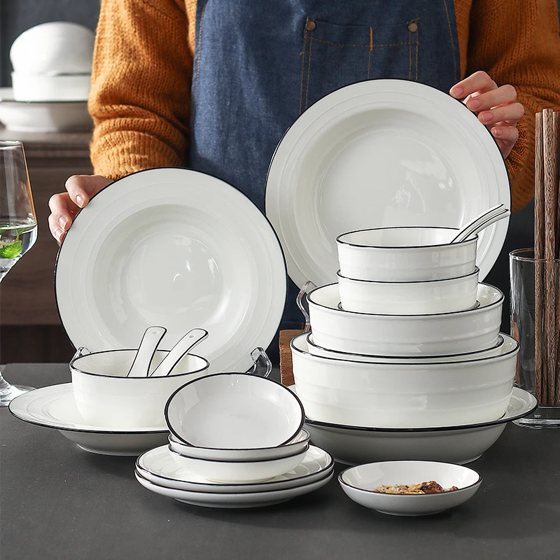 56 pcs dinner sets Modern Style Nordic Kitchen Plates Dish Ceramic bowls tableware sets Dinner Plates  Ceramic Plate Dinnerware