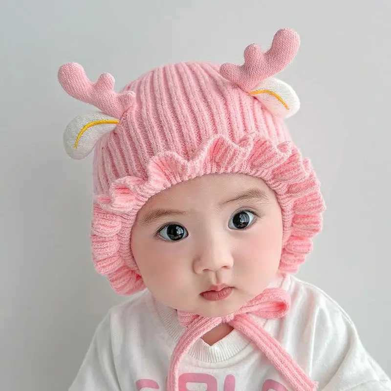 Cute Deer Elk Antlers Baby Hat Winter Warm Plush Knitted Ear Warmer Children Hat Bonnet  Cap Beanie Christmas Hats