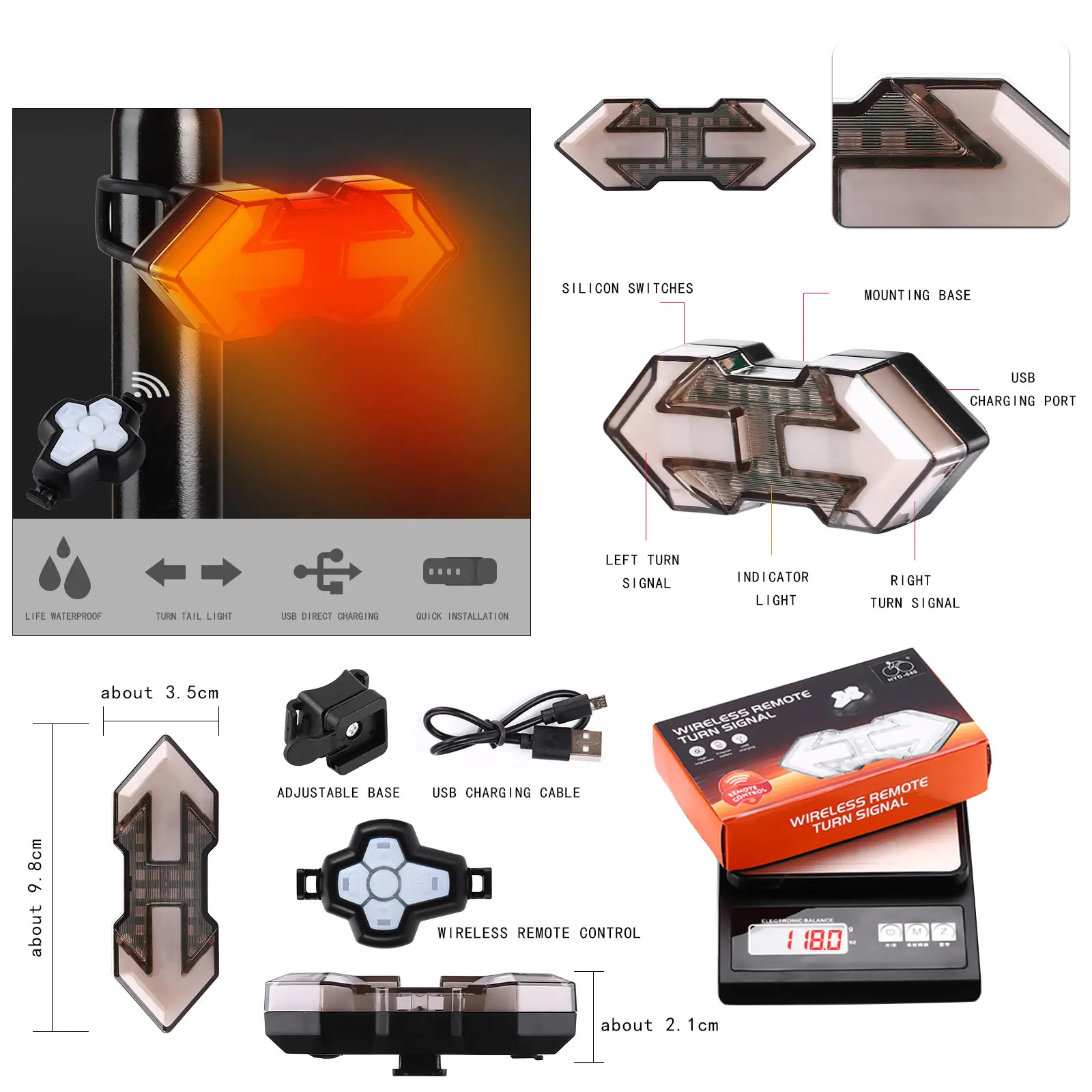 USB Rechargeable Wireless Remote Steering Rear Light Cycle Tail Light eBike Motorcycle Bicycle Alarms LED Bike Lights