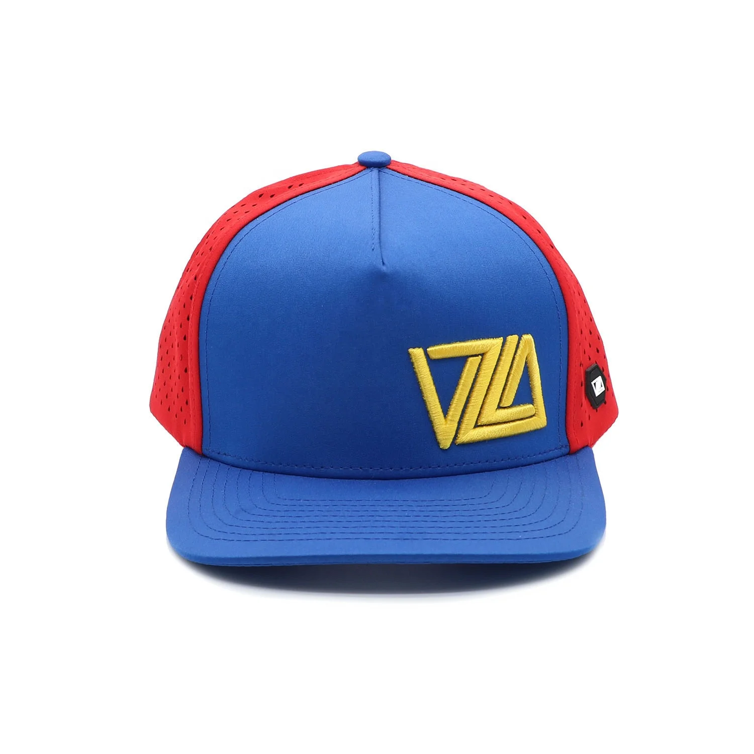 Custom 5 Panel Rubber Patch 3D Embroidery Logo Laser Cut Drilled Hole Perforated Hat Two Color Red/Navy Blue Baseball Cap