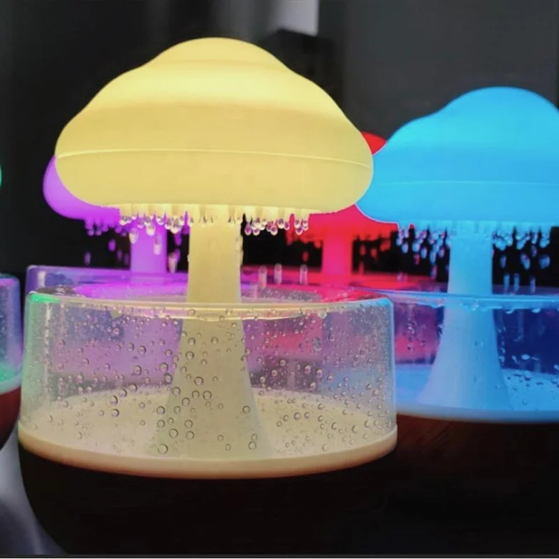 2023 light aroma essential oil ultrasonic air mist tree mushroom raining water drip drop sound Cloud Diffuser Rain Humidifier