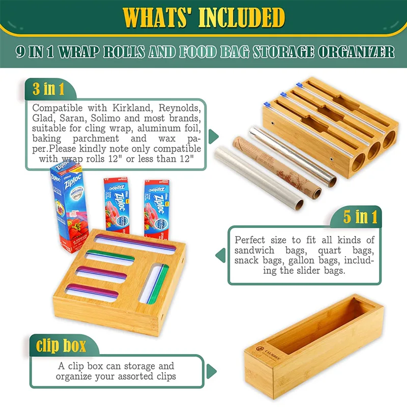 9 in 1 Ziplock Bamboo Wrap Dispenser Food Bag Kitchen Storage Organizer with Cutter for Foil Plastic and Paper