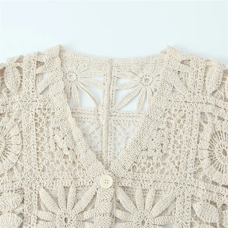 TAOP&ZA 2024 spring new product forest three-dimensional hollow crochet knitted cardigan for women apricot V-neck jacket 245