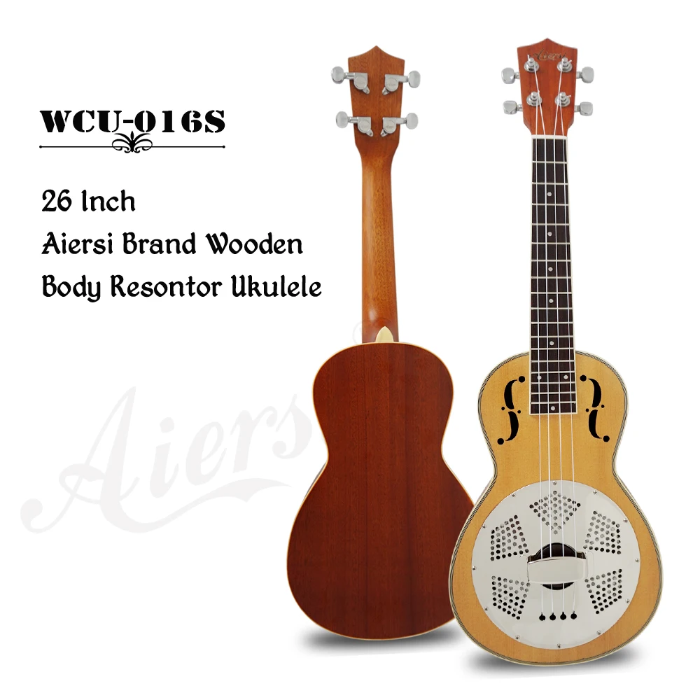 Aiersi brand China made 26 Inch Tenor F Holes Spruce Top Resonator Ukulele travel guitar with case