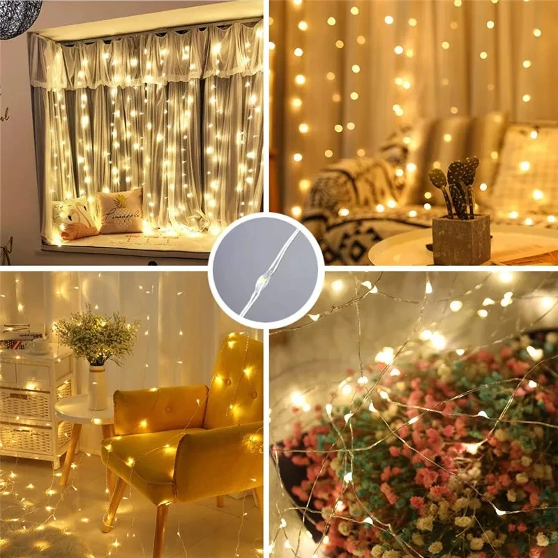 2024 New USB Remote Control 3x3 Meter Copper Wire Window Curtain Fairy Room Light LED Christmas Day String Night Light