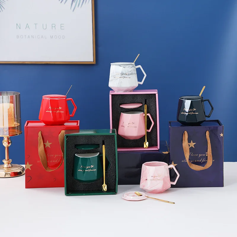 Creative ceramic mugs coffee mugs with handle and lid diamond-shaped porcelain mugs with gift box