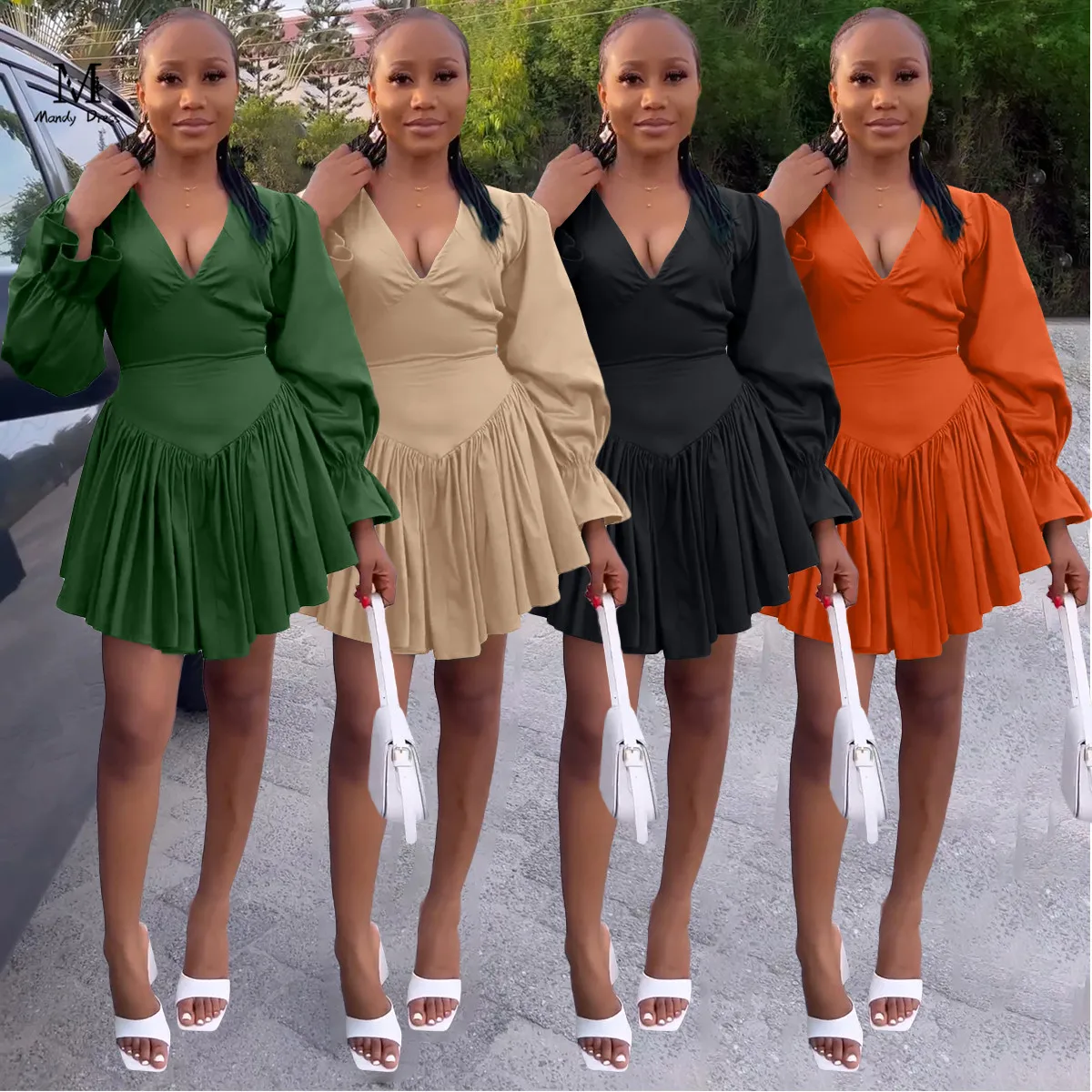 Boutique Spring Women Short Dresses Long Puff Sleeve V Neck Pleated Streetwear Clothes For Ladies Sexy Mini Dress
