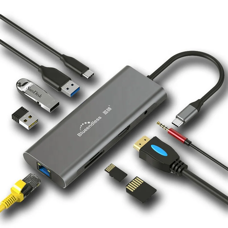 HUB-usb- c 9 in 1  good quality ethernet hub to 100wPD 4k30HDTV Rj45LAN 3.5mmHeadphone 9 in 1 docking for MP PC Laptop