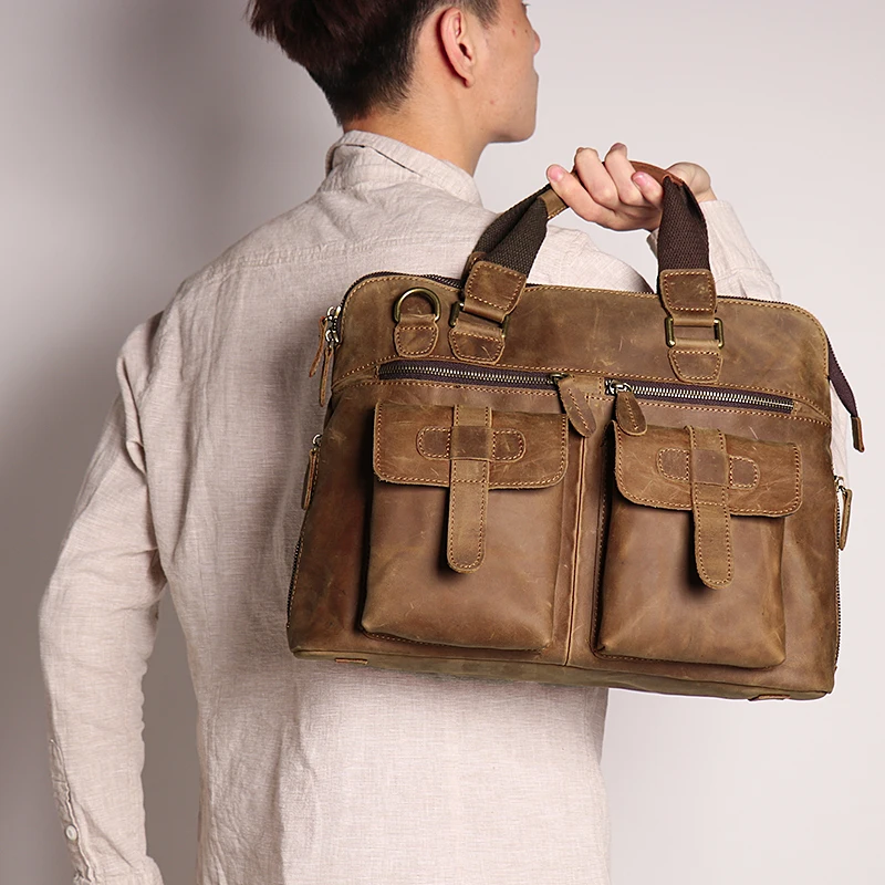 Mens Messenger Bag  Vintage Genuine Leather Briefcase Large Satchel Shoulder Bag Rugged Leather Computer Laptop Bag, Brown