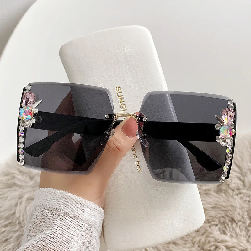 Ready To Ship 2022 LEK Wholesale Factory pc Luxury Ins Fashion Square Women Diamond uv400 Rimless Rhinestone Sunglasses