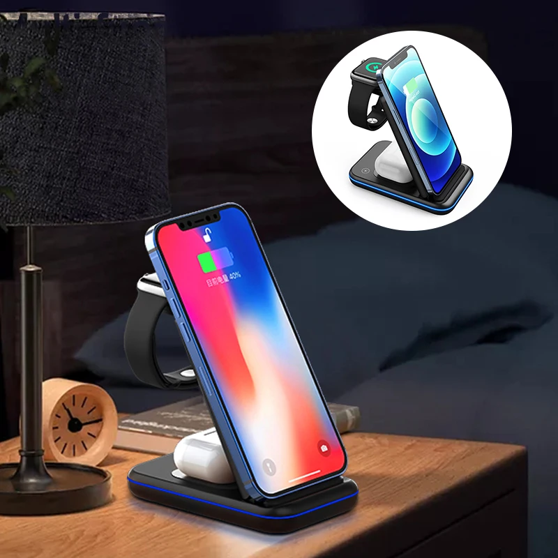 Folding Wireless Charger For Iwatch Airpods For Iphone Fast Qi 15W Phone Charging Stand 3 In 1 Foldable Wireless Charger