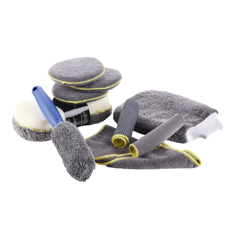 9PCS Microfiber Car Wash Cleaning Kit with microfiber towel wheel brush polish pads car washing sponge