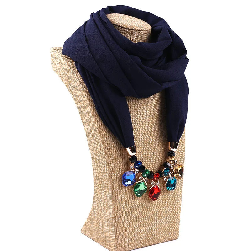 Wholesale jewel scarf acrylic diamond chiffon jewelry necklace scarf with pendant for women