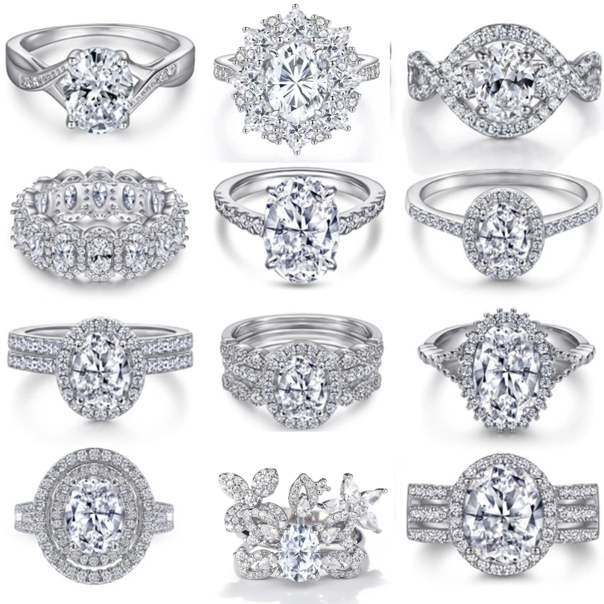 Moissanite Jewelry 925 Sterling Silver Cluster Oval Can Be Customized Engagement Moissanite Ring