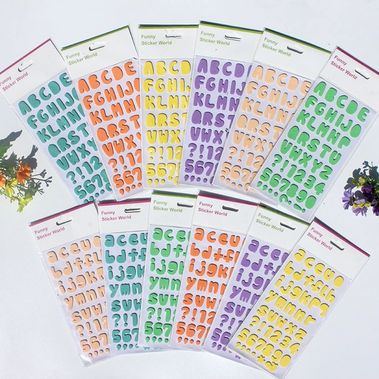 Custom Long-Lasting Adhesive Sticker Sheet Colorful English Number ABC Letter Label Vinyl Alphabet Sticker  EVA Puffy Sticker