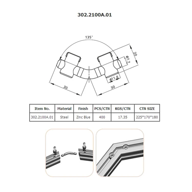 Universal 302.2100A.01 steel Zinc Blue double swivel angle bolt connector Sample available