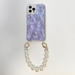 Hot Sale Fashion Natural Purple Shell Phone Case with Pearl Chain for iPhone 14 Girls Luxury Cover for iPhone 13 12 11 X XR XS