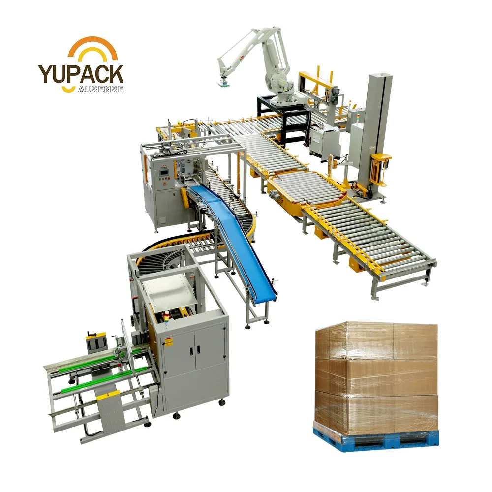 YUPACK fully automatic carton packaging side loading case packer and ABB Robotic Palletizer for boxes