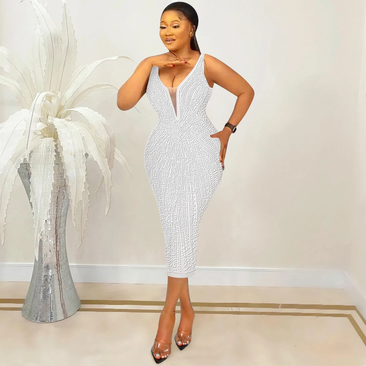 C5808 2022 Spring New Boutique Clothing Fashion Women Suspenders Sexy Dress Ladies Tight V-neck Rhinestone Dress