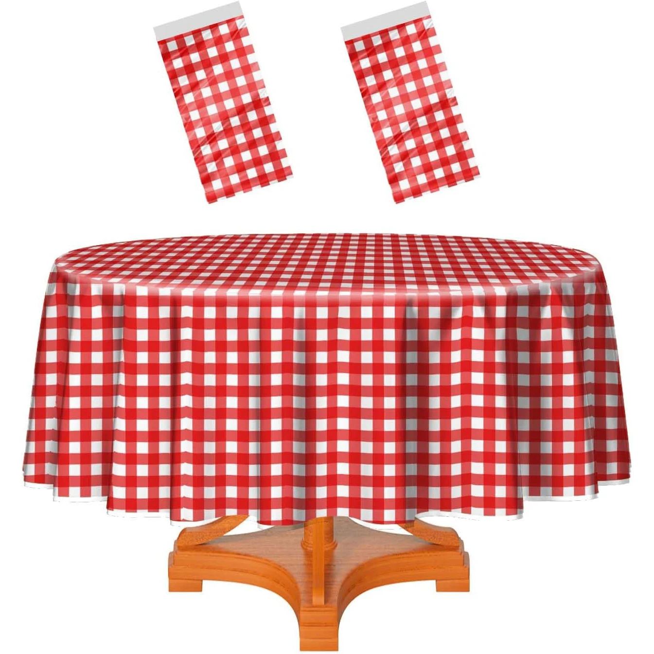 Wholesale Round Red & White Plastic Disposable Tablecloth Checkered Table Covers for Parties, Picnics, Camping, Events