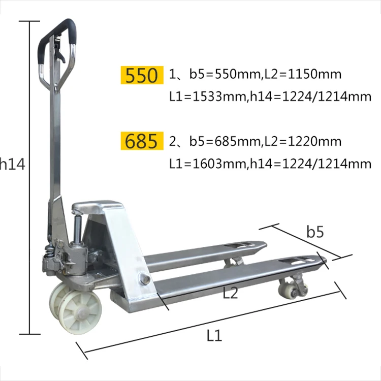 Manual Lift Forklift Jack Transpallet Trolley 2 ton Stainless Steel Hand Pallet Truck