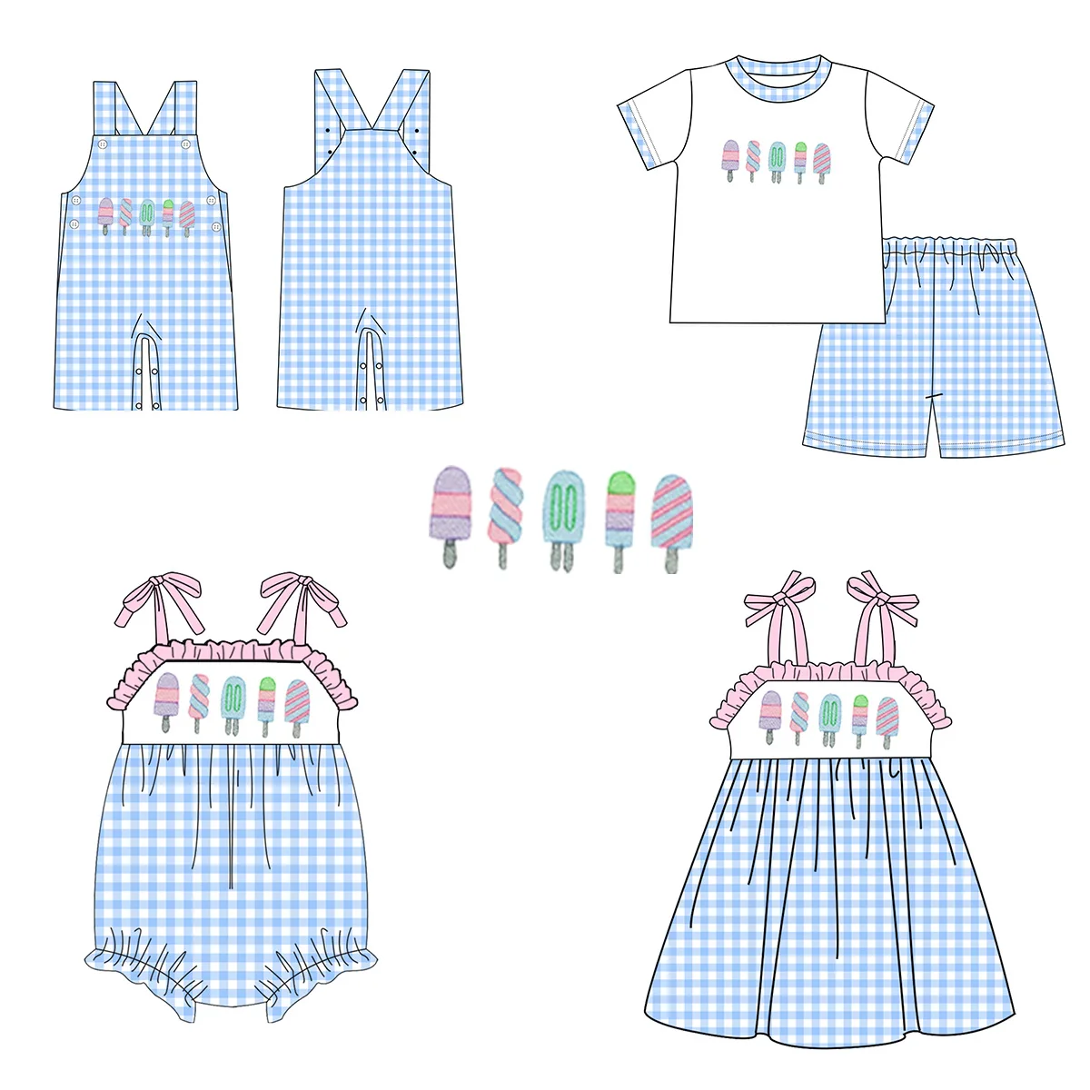 Online Store Factory Price Popular Cute Ice-cream Embroidery Clothing Summer Boutique Seersucker Shorts Boys Outfits