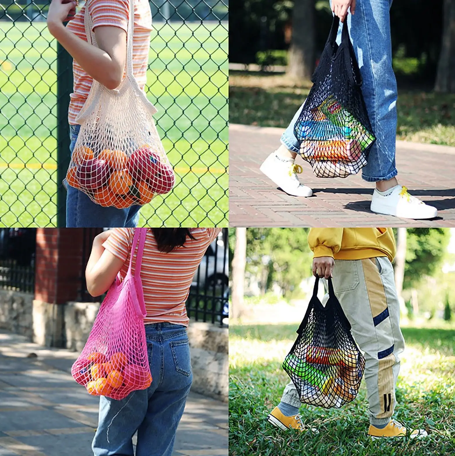 Wholesale Eco short or long Handled Tote Cotton Reusable Net Mesh Grocery Bags for Storage of Fruit Vegetable