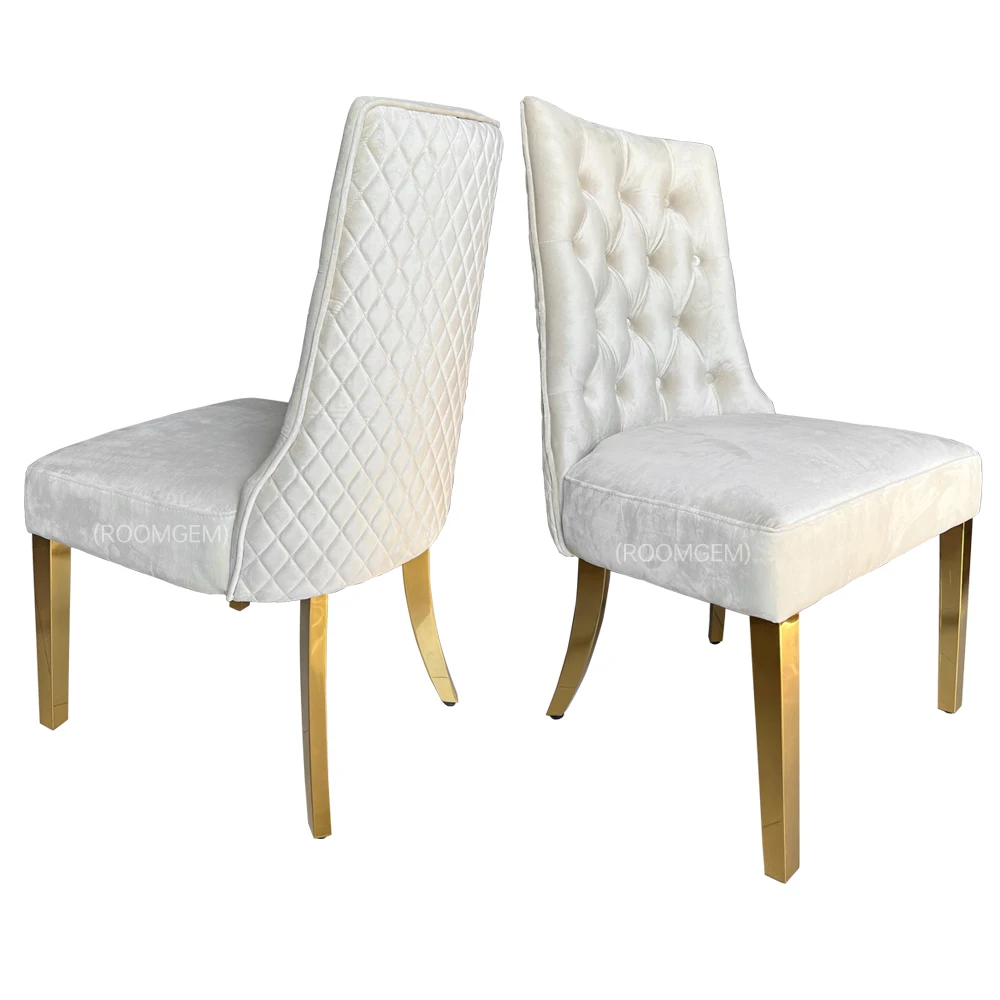 Legs Dining Room Chair Hotel Luxury Dinning Chair Gold Velvet Beige Home Furniture Fabric Stainless Steel Modern Tufted 2PC/CTNS