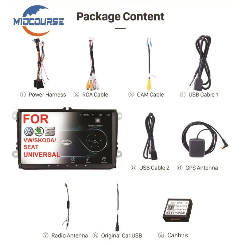 MIDCOURSE Factory 9' 2din 4G LTE Android Car Radio for VW Polo for Jetta Skoda passat b6 cc fabia mirror link wifi Multimedia