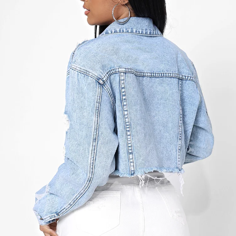 Women vintage denim jacket worn distressed stain ripped frayed hem crop hole denim jackets for ladies