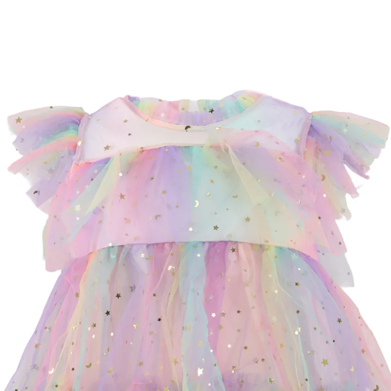 Custom Fly Sleeve Star Print Rainbow Layered Tulle dress for girls