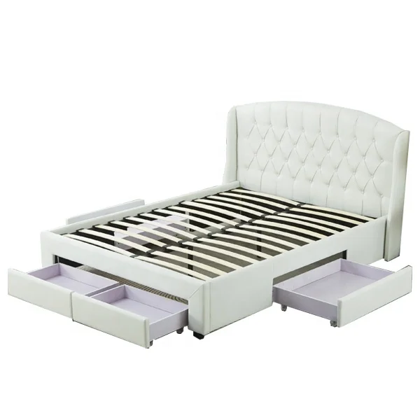 Solid and Comfortable Bed Base white color winged buttons headboard velvet fabric upholstered  bed  with 4 storage Drawers