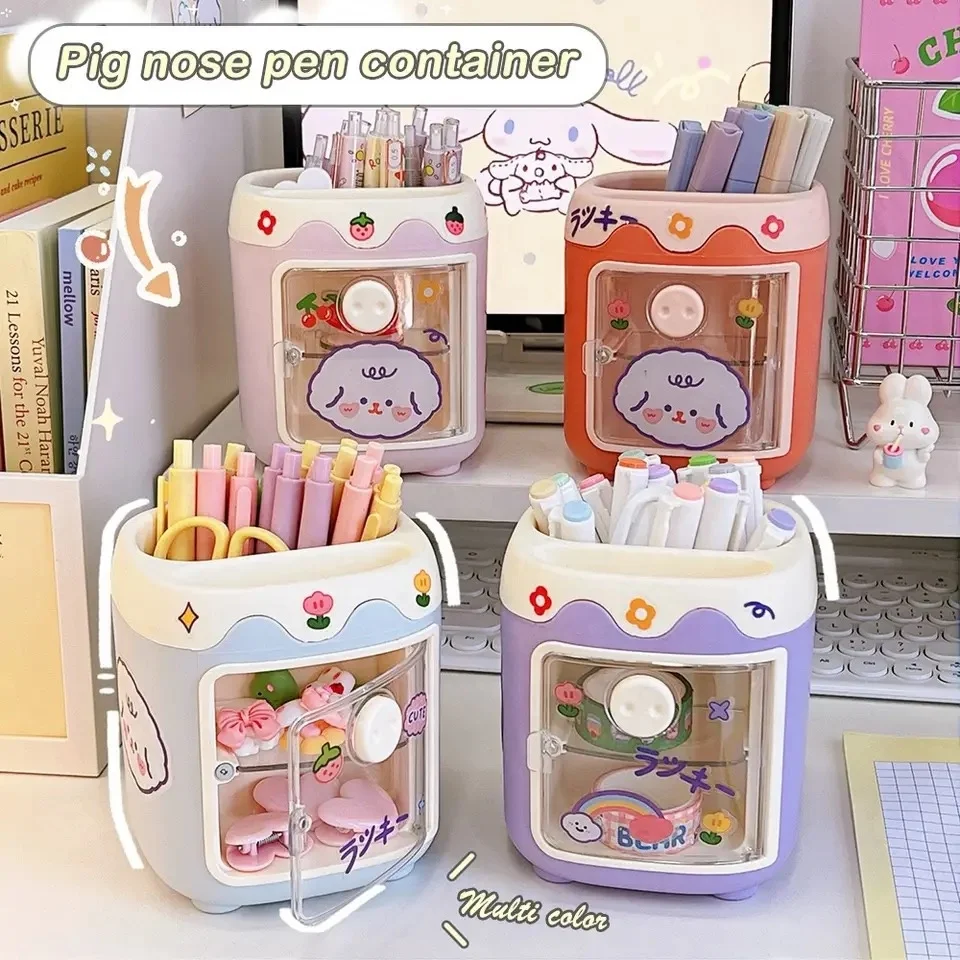Large capacity multifunctional kawaii pig pen holder desktop organizer with washi tape for school office supplies