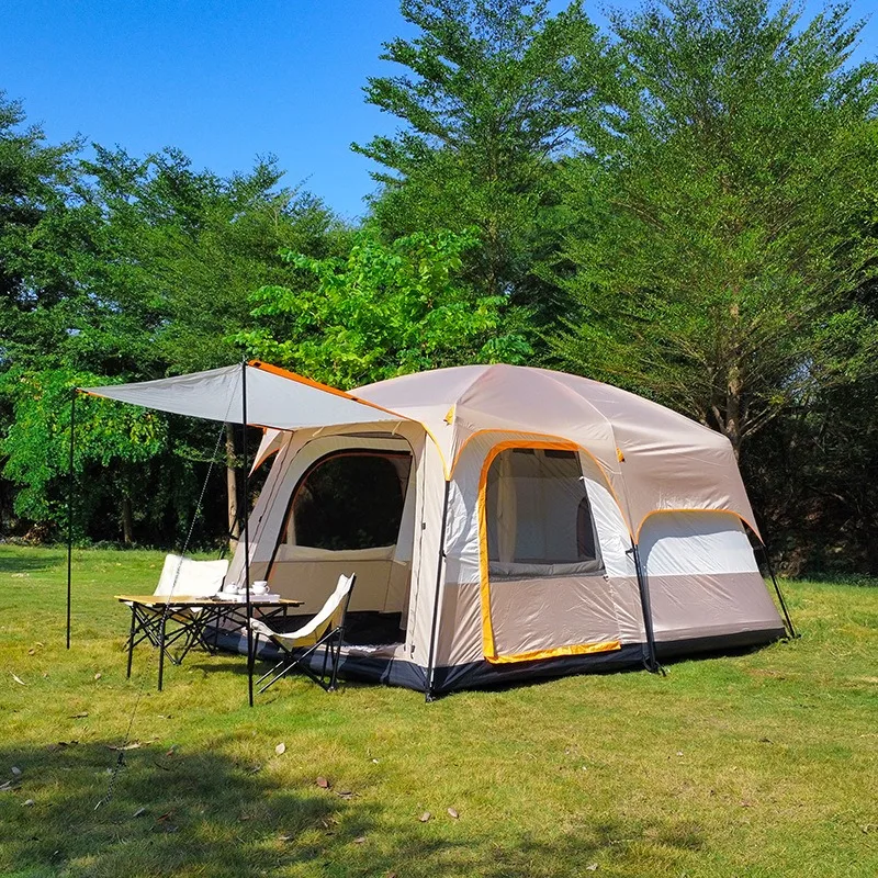 Outdoor double-decker camping waterproof portable tent 2 rooms 1 living room large space 8-12 people family tent