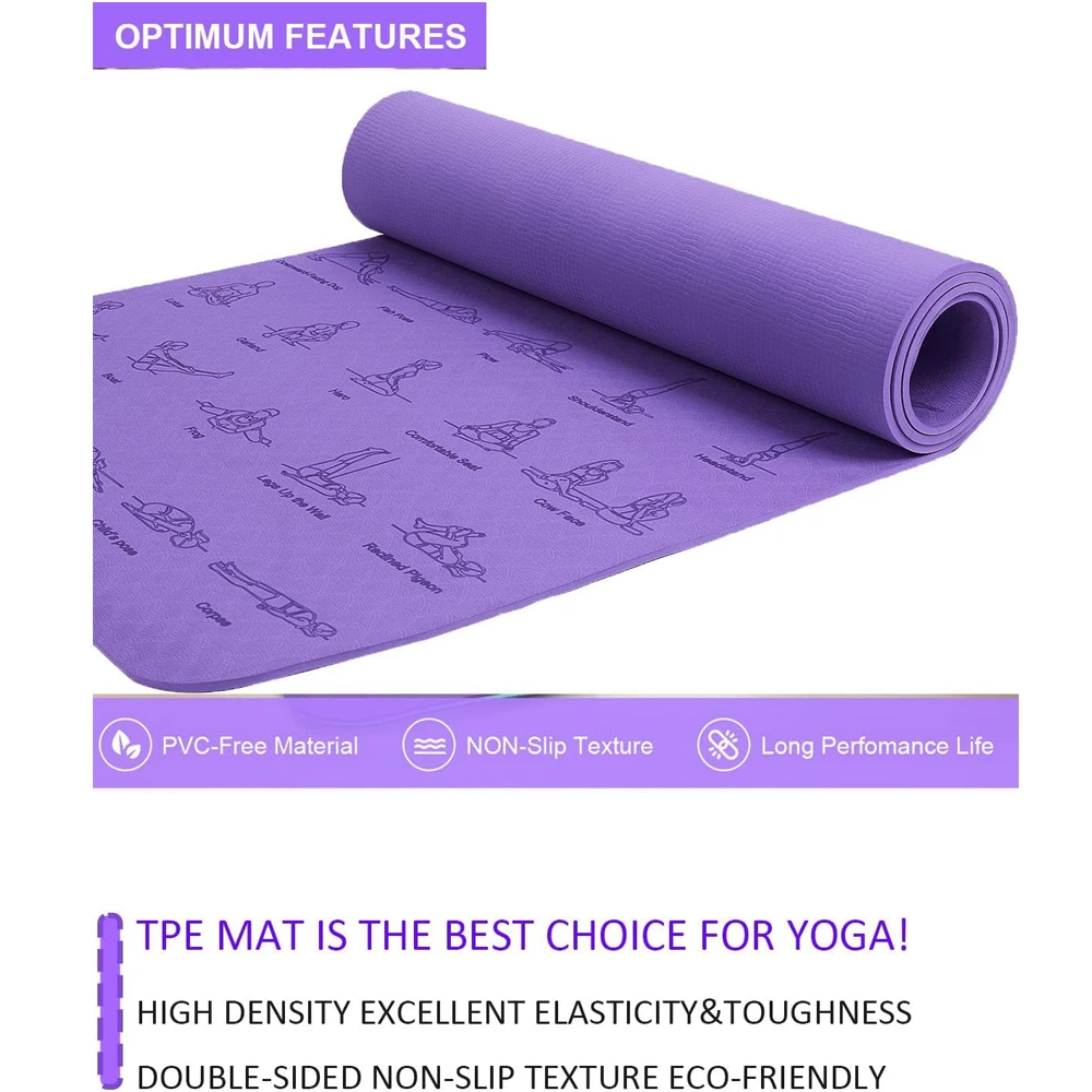 Eco Friendly CUSTOM Digital Printing TPE Mat 6mm Double Layer TPE Yoga Mat Promotion Yoga Mat with Poses Printed