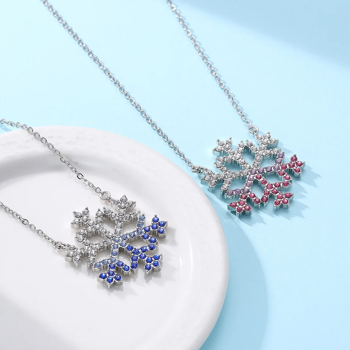 High Quality Blue Snowflake Necklace Ice Snow Pink Full Diamond Pendant S925 Silver Magic Crystals CZ Christmas Jewelry