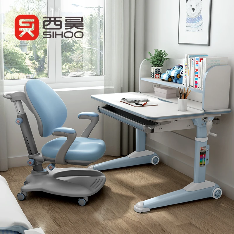 M19 hot sale metal adjustable height kid study table and chair bedroom children furniture set for student