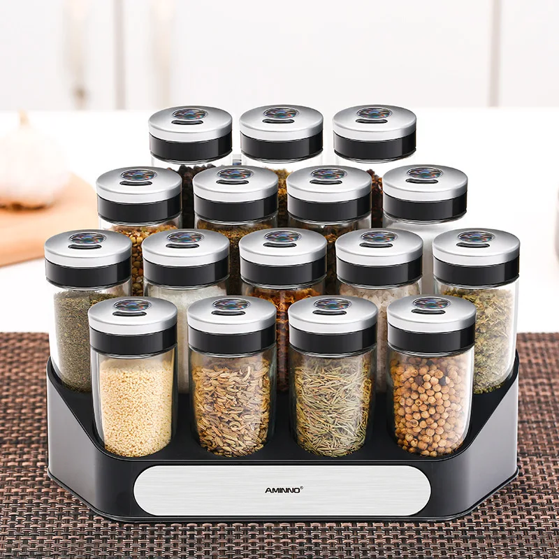 Premium Quality Modern Countertop Spice Rack Organizer with 16-Glass Jars with PP Rack for Solid Spice