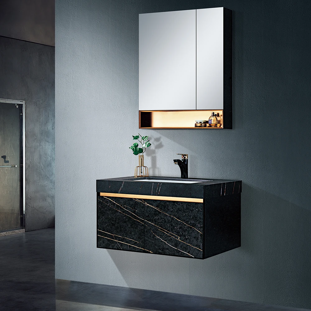 Double Doors Wall Mounted Modern Black Finished Bathroom Furniture Design with Mirror Cabinet