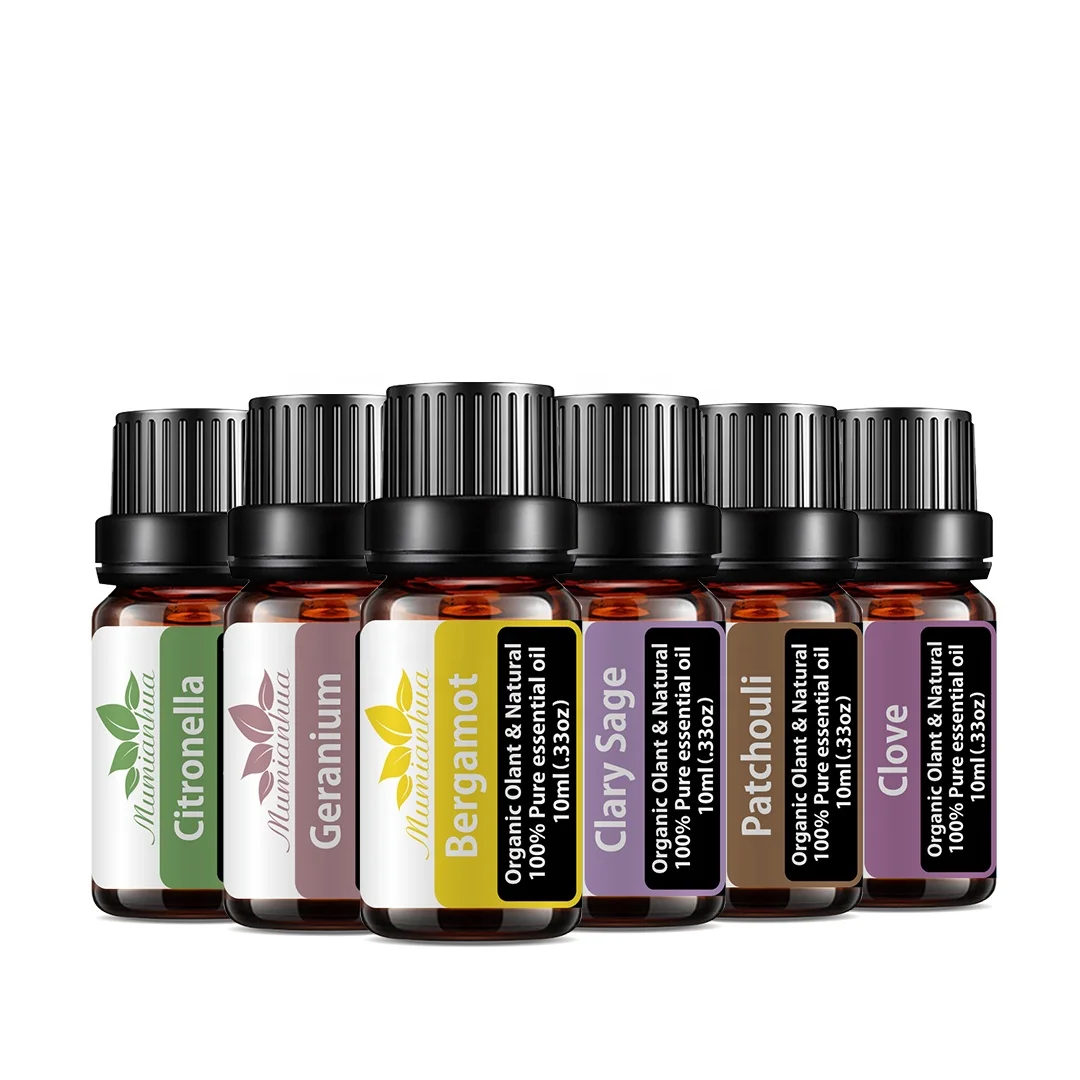 6pcs Gift Box Pure Natural Plant Essential Oils Set for Humidifier Bergamot Sage Patchouli Clove Geranium Lemongrass Oil
