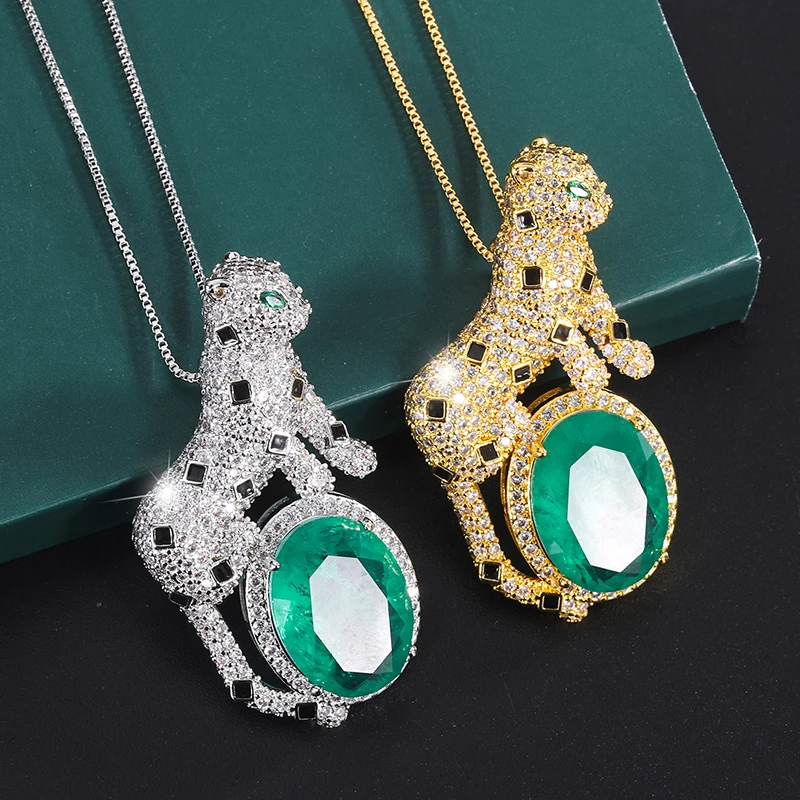 Luxury Brazil Women Emerald Green Fusion Stone Animal Leopard Pendant Necklace Gold Plated Zircon Panther Colar Fashion Jewelry