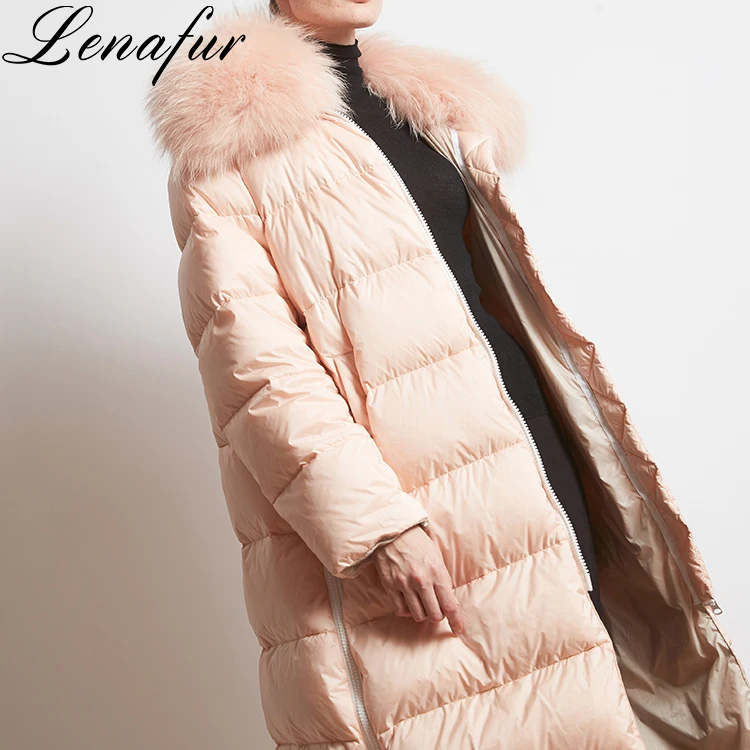 Winter New Design Women fox fur Long Hooded Feather White Duck Down Jacket For Women duck down puffer jackets for womens
